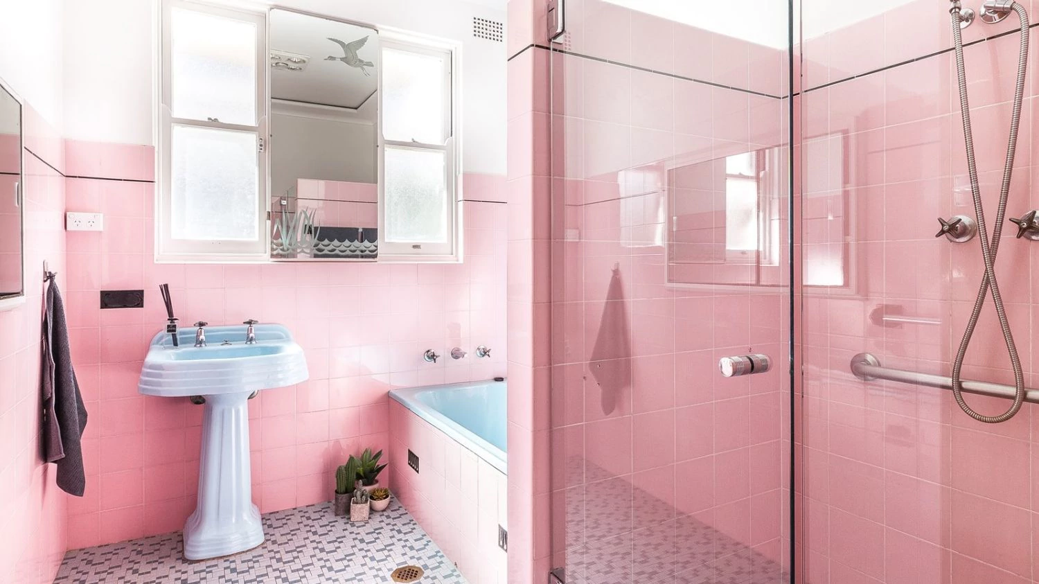 Bathroom vintage pink green except refinished gutting tub thinking tile idea everything any am wall which will white